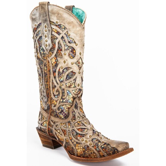 Corral Taupe Inlay Western Boots Snip Toe Embroidered Cowgirl GLITTERED Studs - Picture 1 of 15